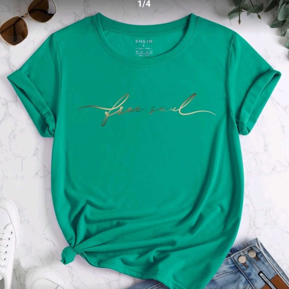 SHEIN Teal 'Free Soul' Short Sleeve Tee